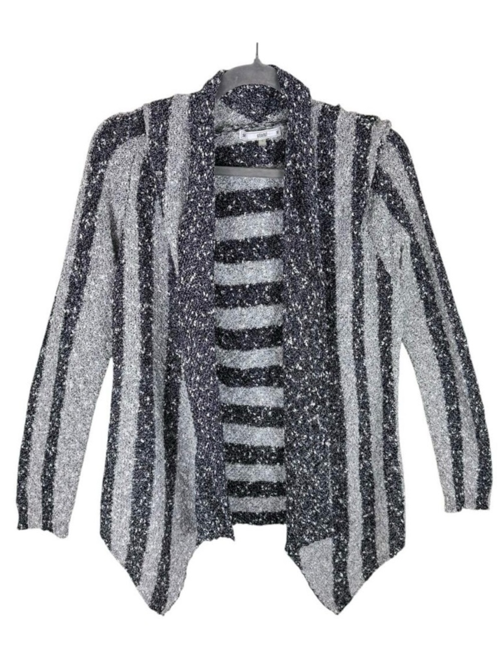 Sioni Gray Striped Long Sleeve Stretchy Loose Knit Asymmetrical Hem Open Cardi